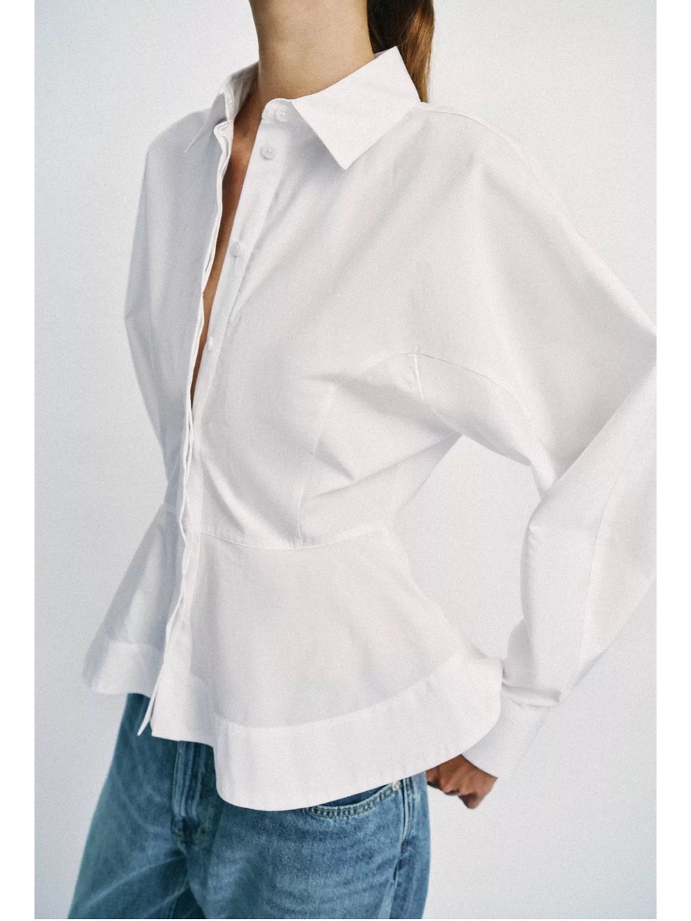 Zara NWT white cinched waist long sleeve peplum button shirt top